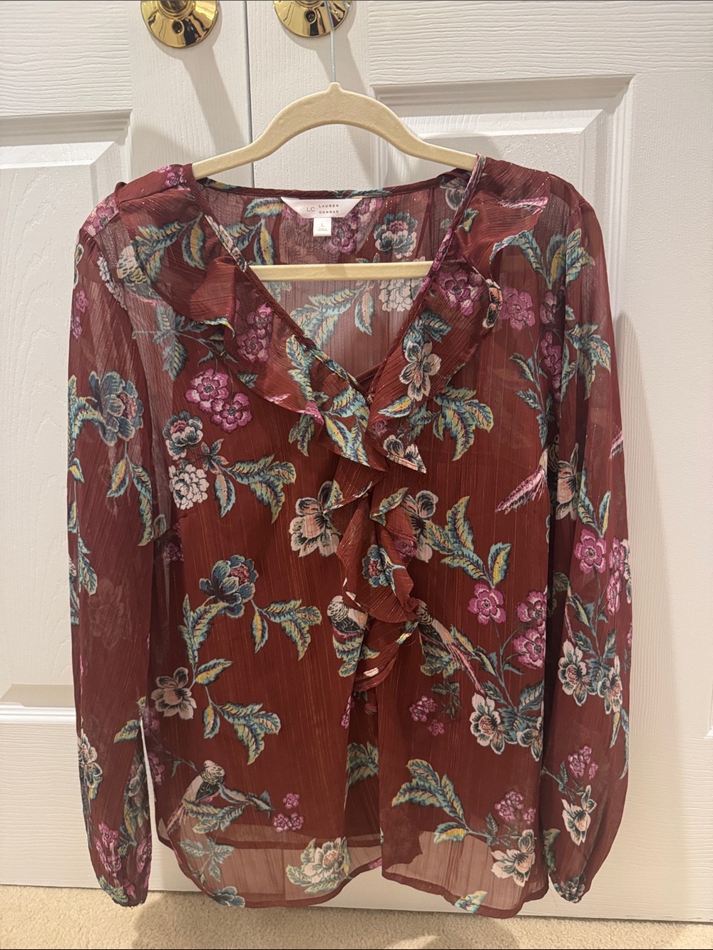 LC Lauren Conrad Burgundy Floral Ruffle Blouse